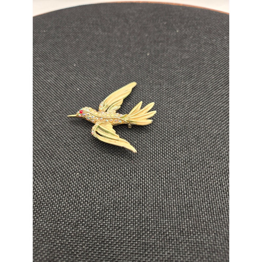 Vintage Gold Tone Hummingbird Brooch AB Rhinestone Enamel Bird Pin Red Eye